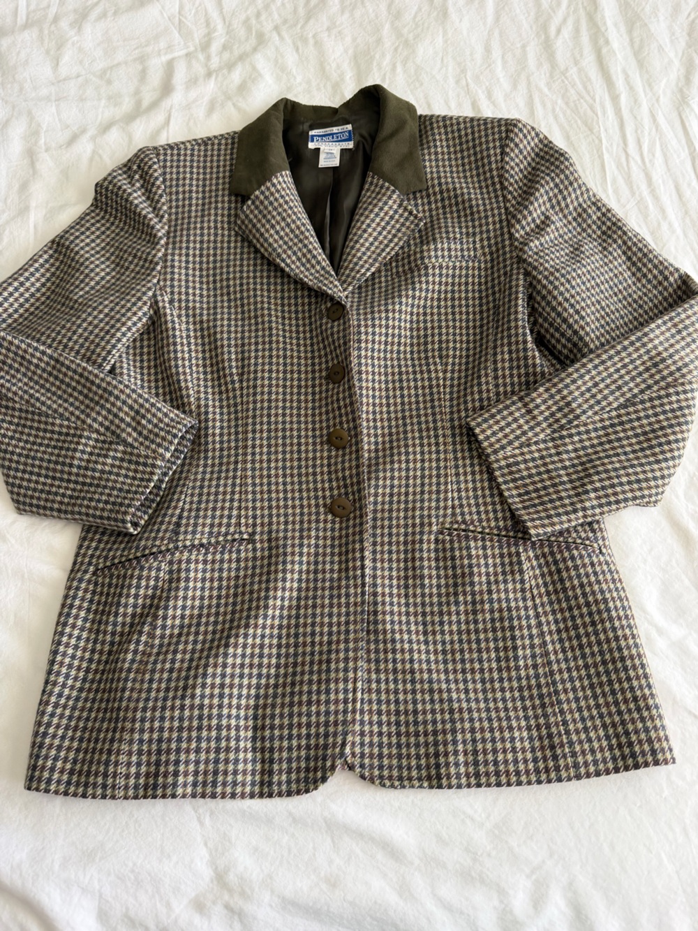 Vintage Pendleton Tweed Houndstooth Blazer with Olive Green Collar - 100% Wool - Picture 3 of 11